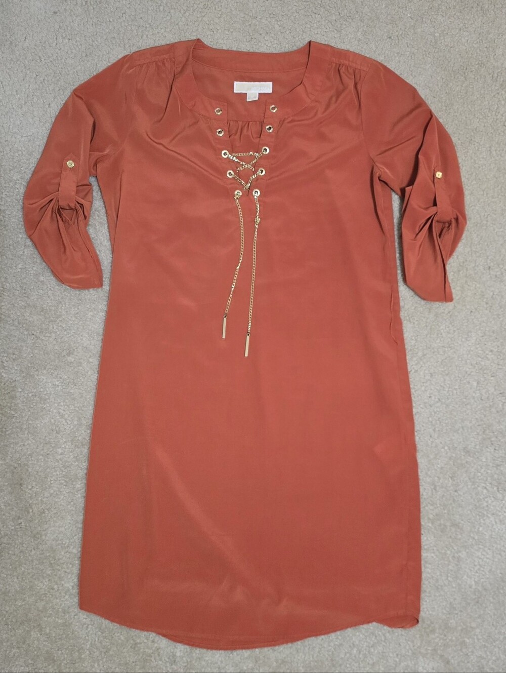 Michael Kors Rust Orange Lace-Up Chain Detail Midi Dress